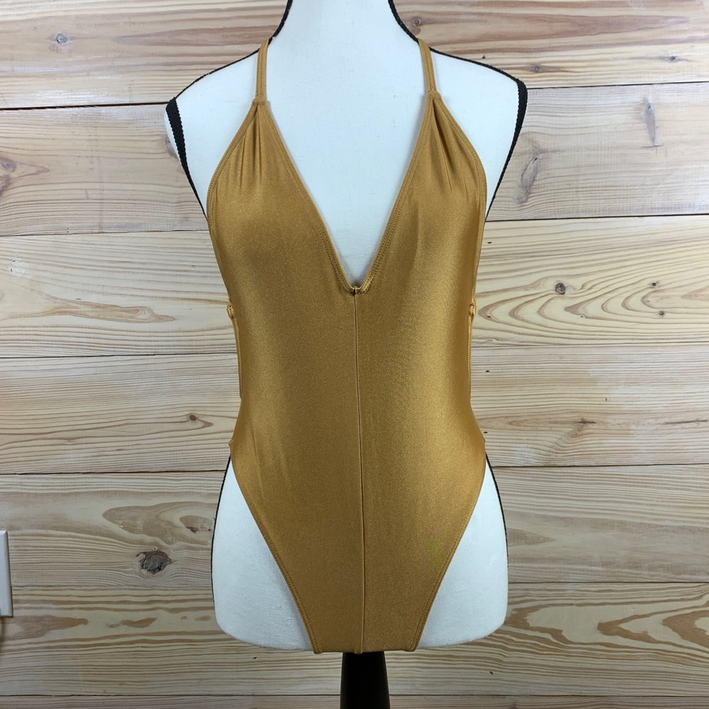 Los Angeles Apparel Swimsuit Womens S Gold Metallic High Cut V-Neck One Piece